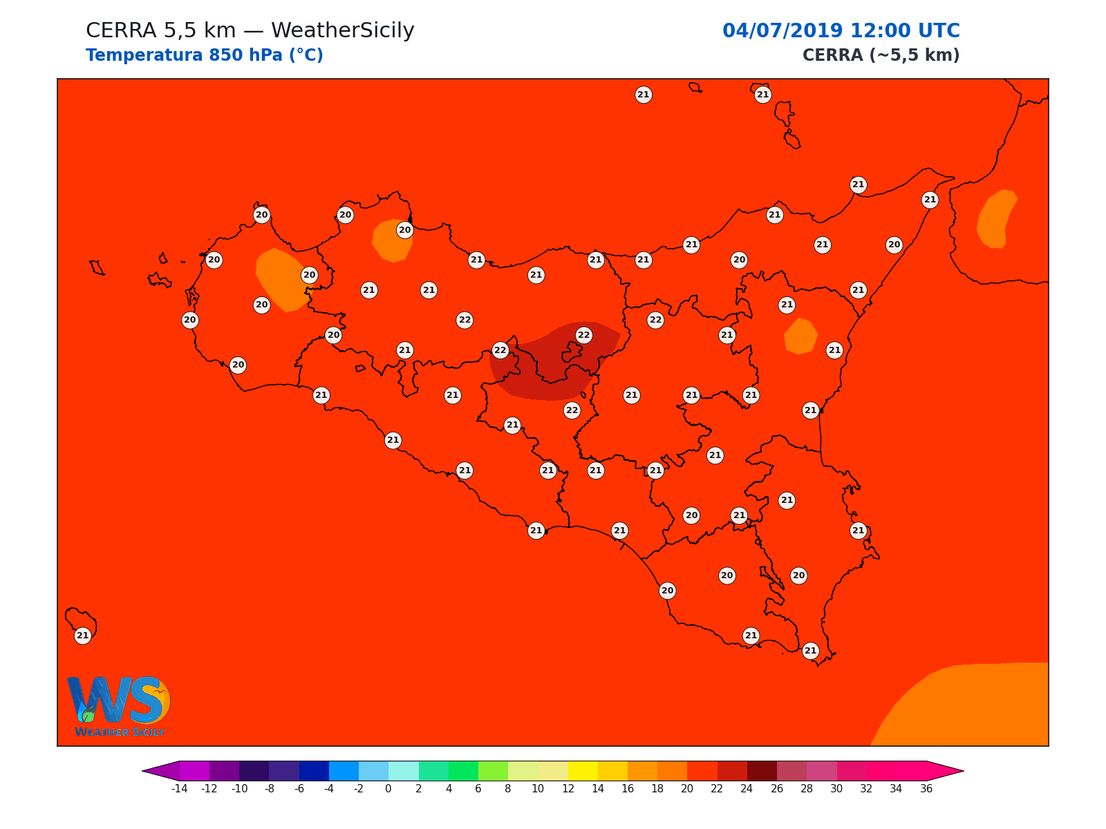 Temperatura a 850 hPa · 2019070412
