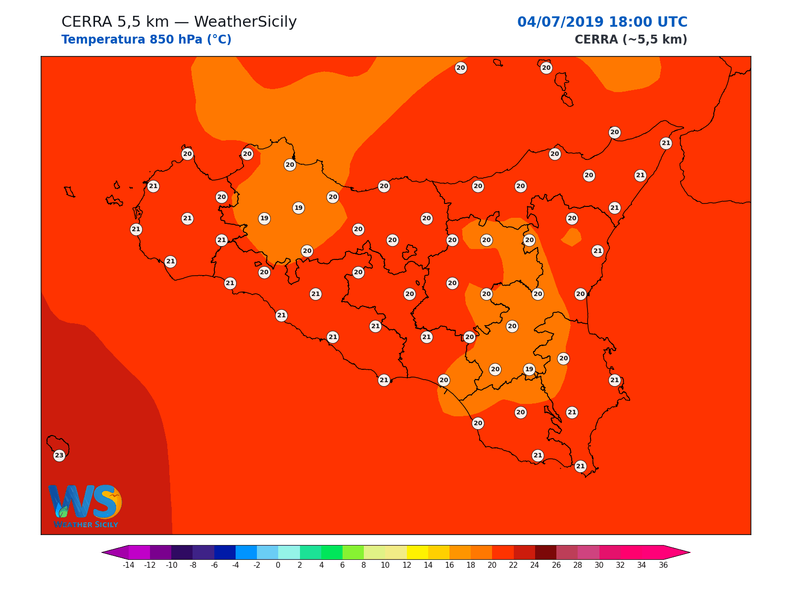 Temperatura a 850 hPa · 2019070418