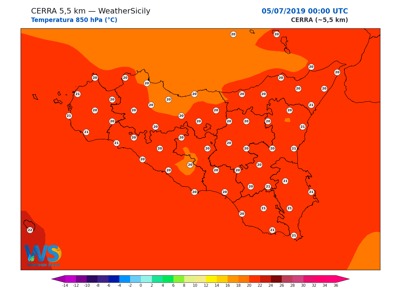 Temperatura a 850 hPa · 2019070500