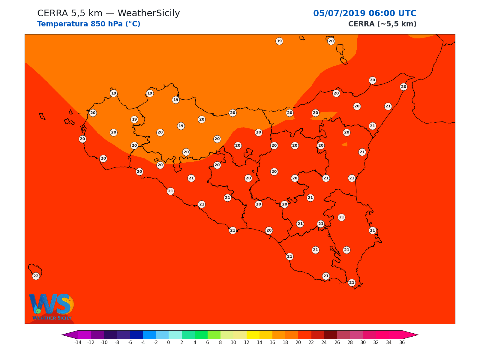 Temperatura a 850 hPa · 2019070506