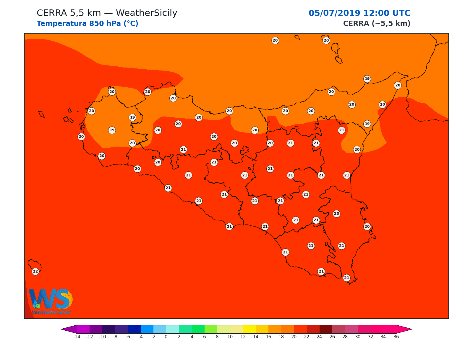 Temperatura a 850 hPa · 2019070512
