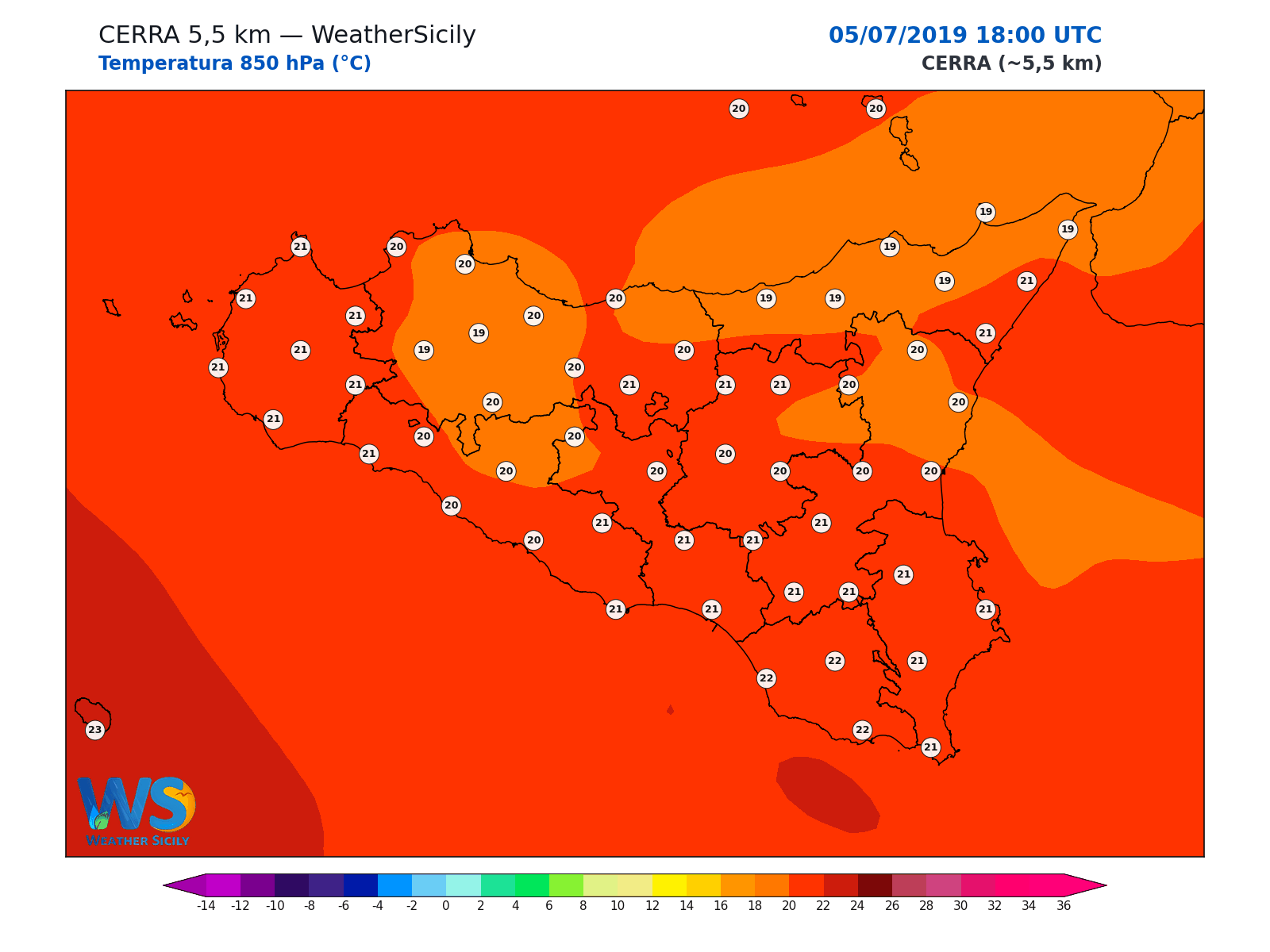 Temperatura a 850 hPa · 2019070518