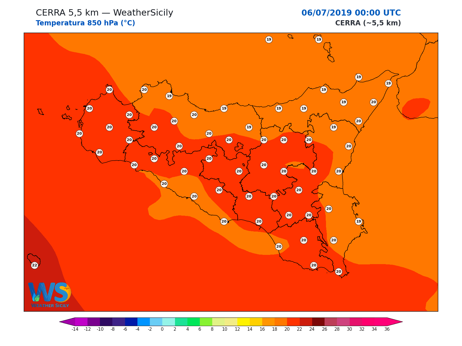 Temperatura a 850 hPa · 2019070600