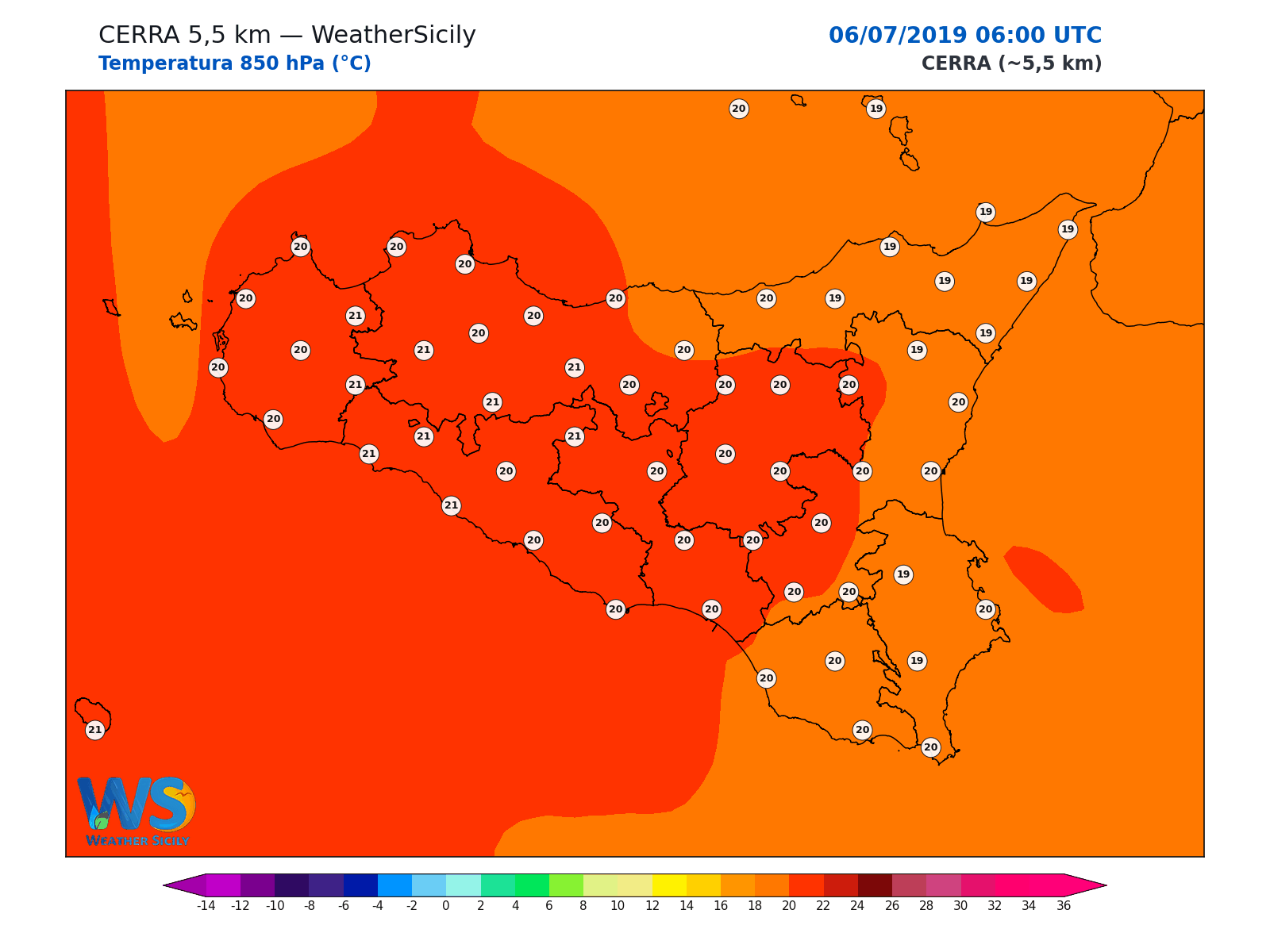 Temperatura a 850 hPa · 2019070606