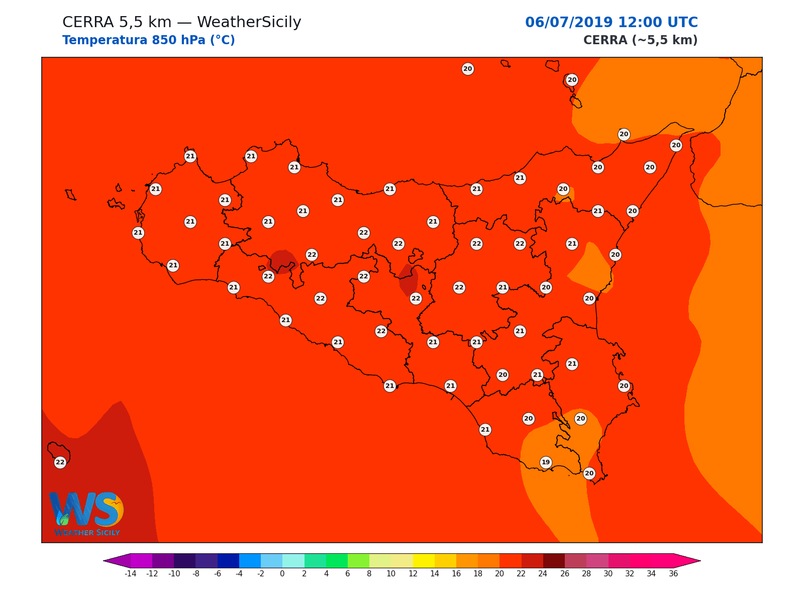 Temperatura a 850 hPa · 2019070612