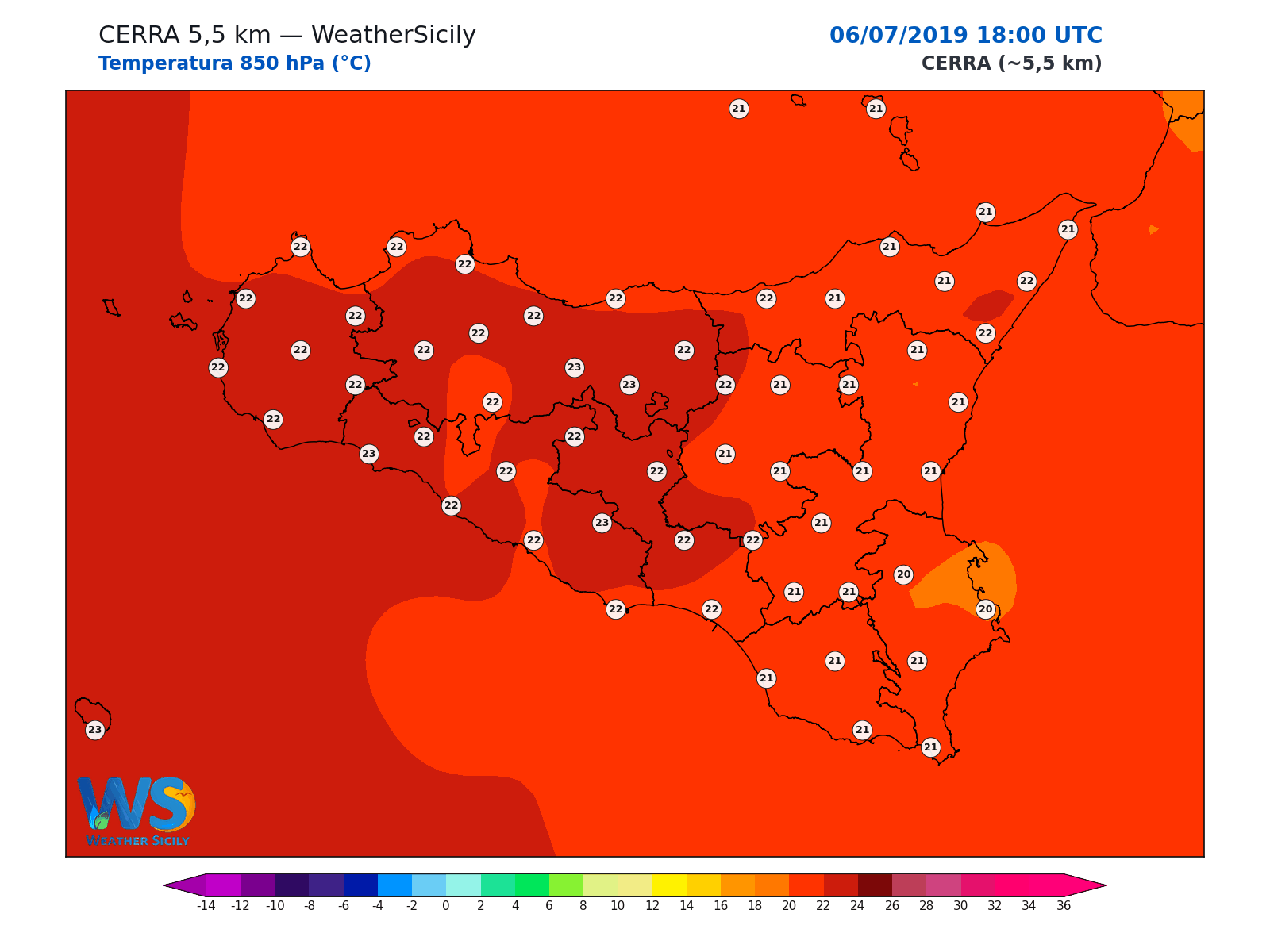 Temperatura a 850 hPa · 2019070618