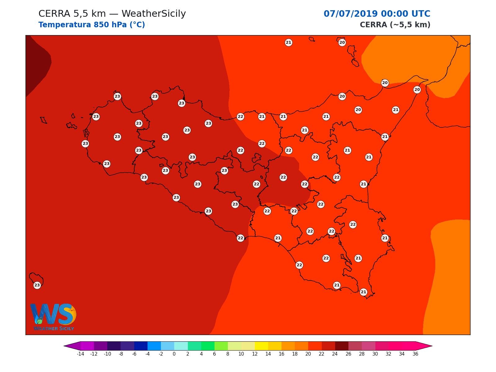 Temperatura a 850 hPa · 2019070700
