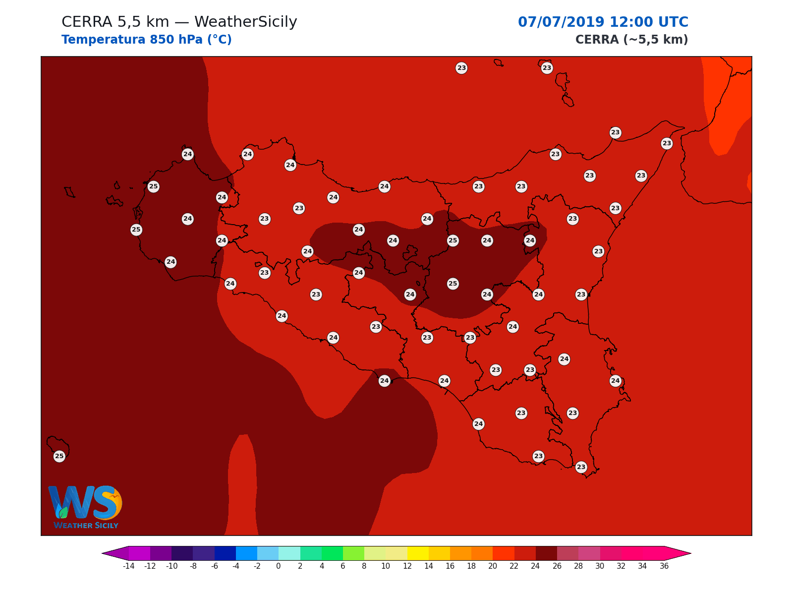 Temperatura a 850 hPa · 2019070712
