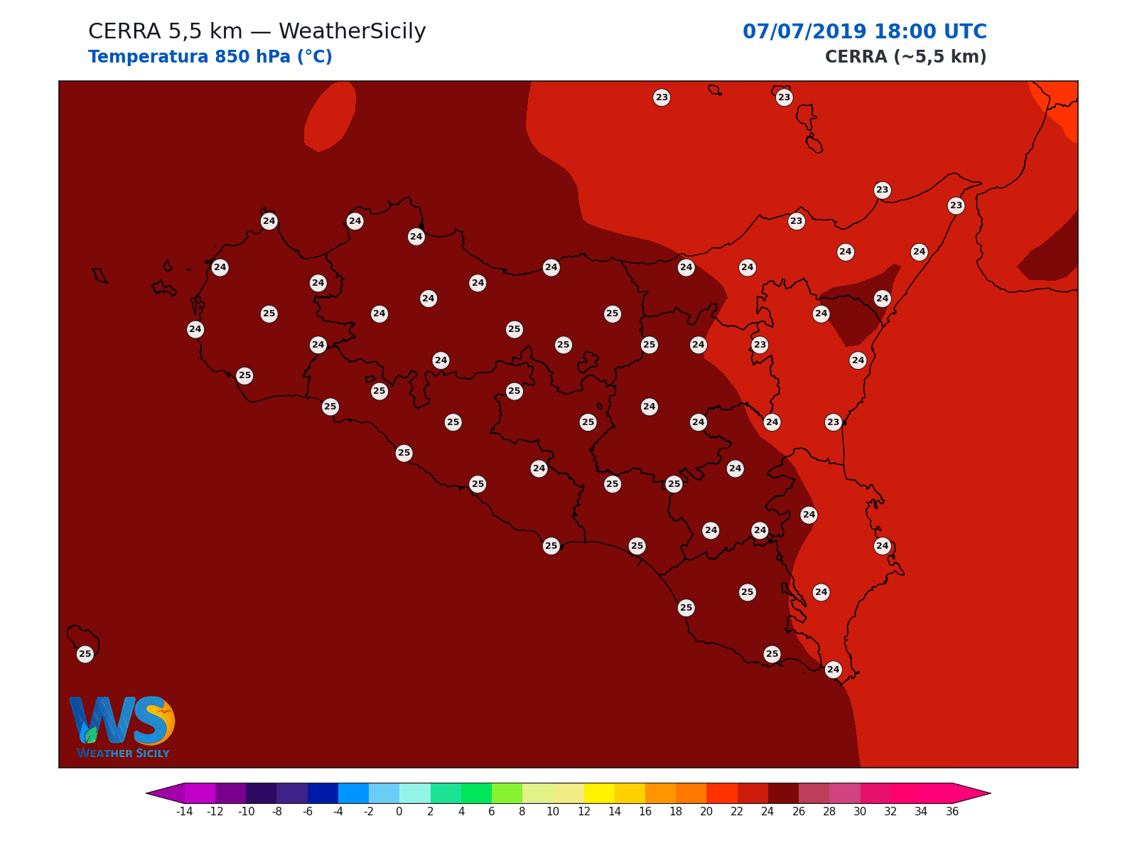 Temperatura a 850 hPa · 2019070718