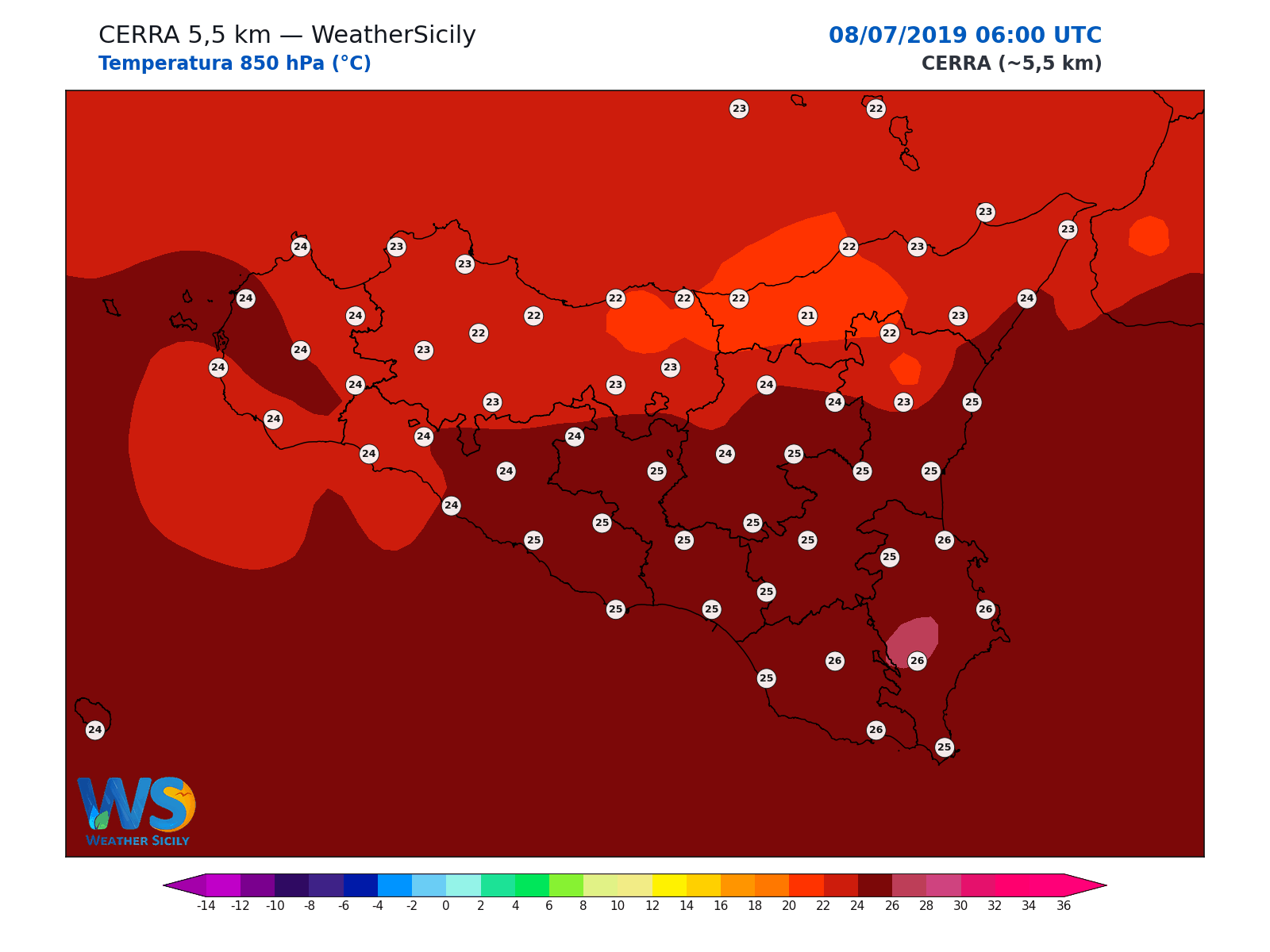 Temperatura a 850 hPa · 2019070806
