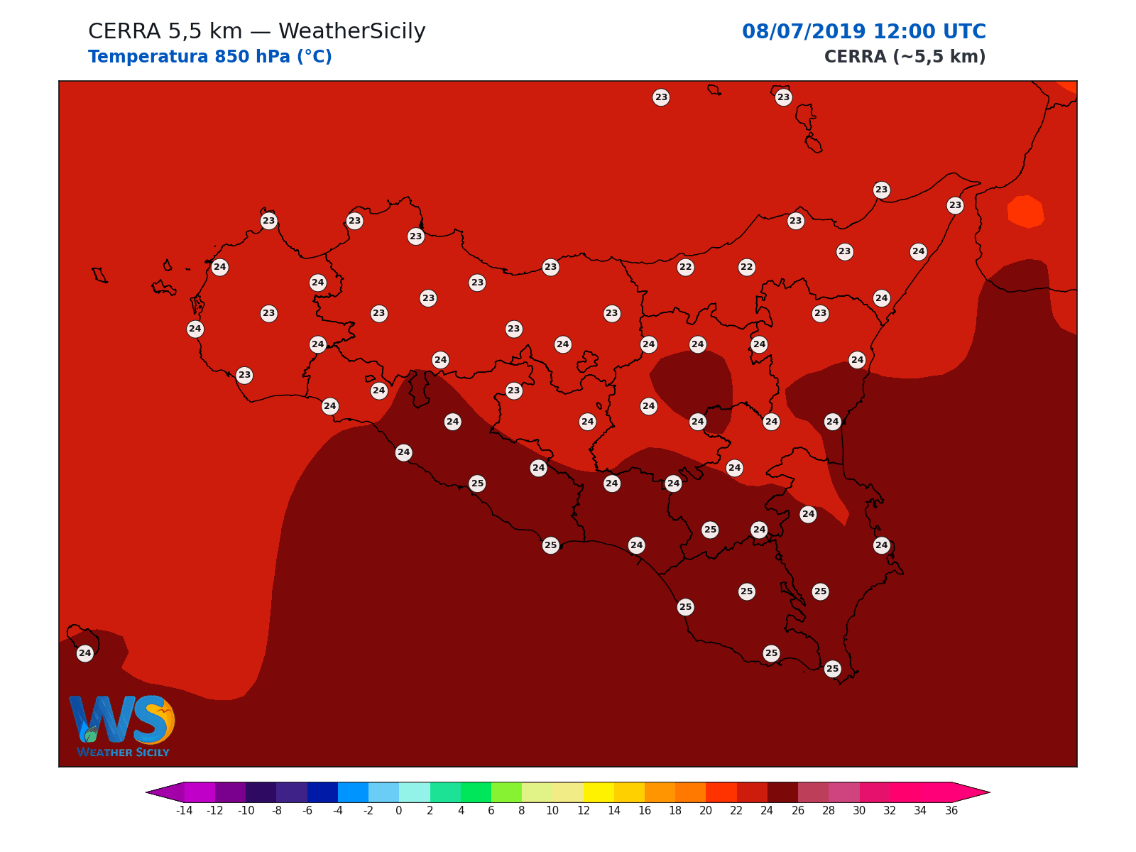 Temperatura a 850 hPa · 2019070812