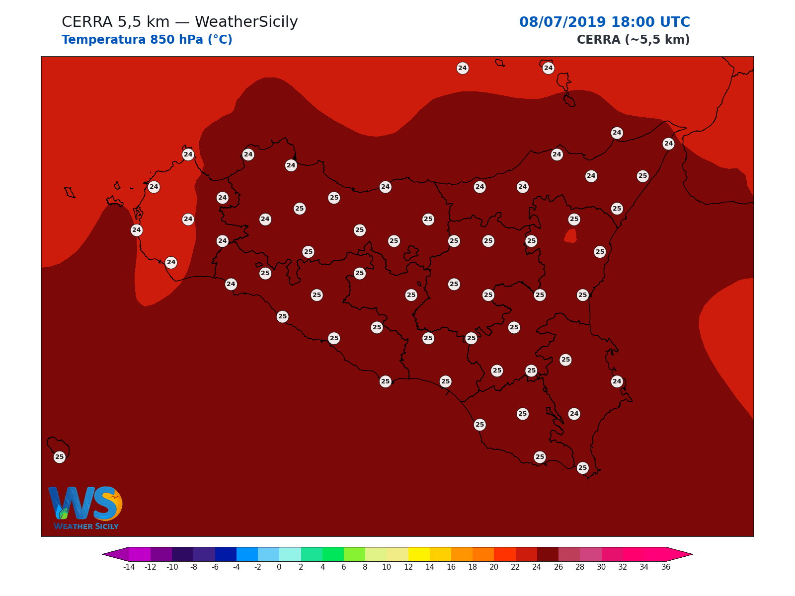Temperatura a 850 hPa · 2019070818
