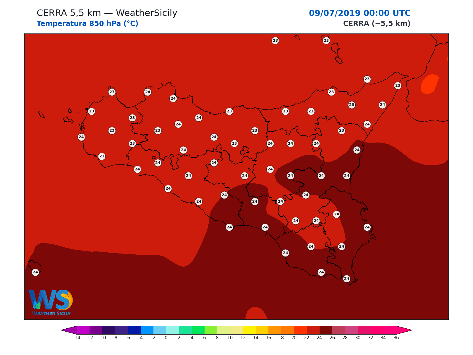 Temperatura a 850 hPa · 2019070900