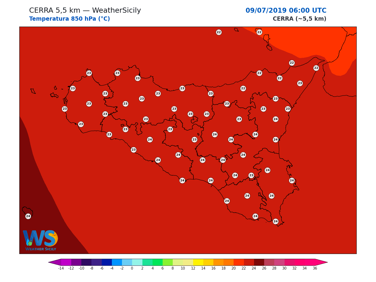 Temperatura a 850 hPa · 2019070906