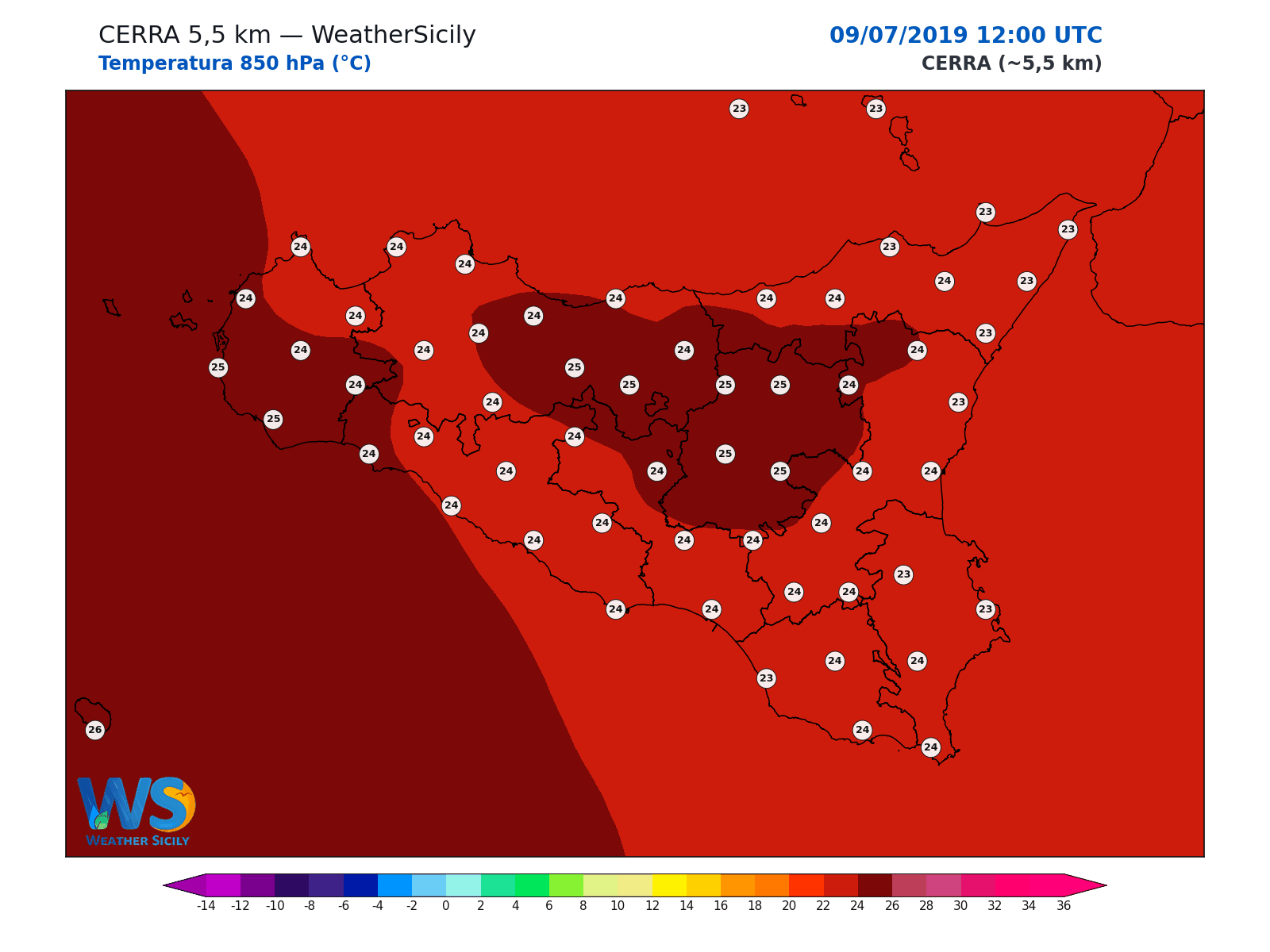 Temperatura a 850 hPa · 2019070912