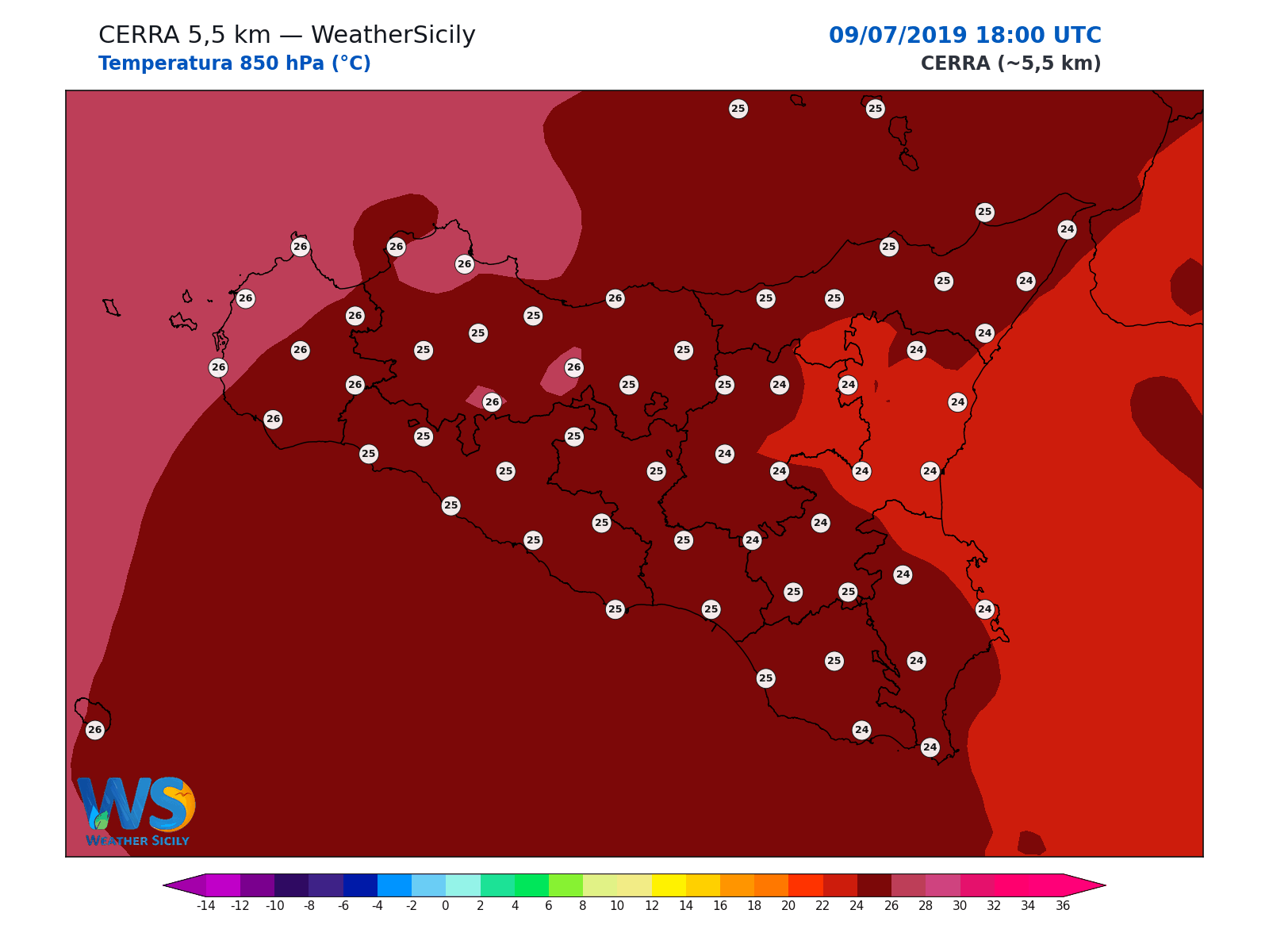 Temperatura a 850 hPa · 2019070918
