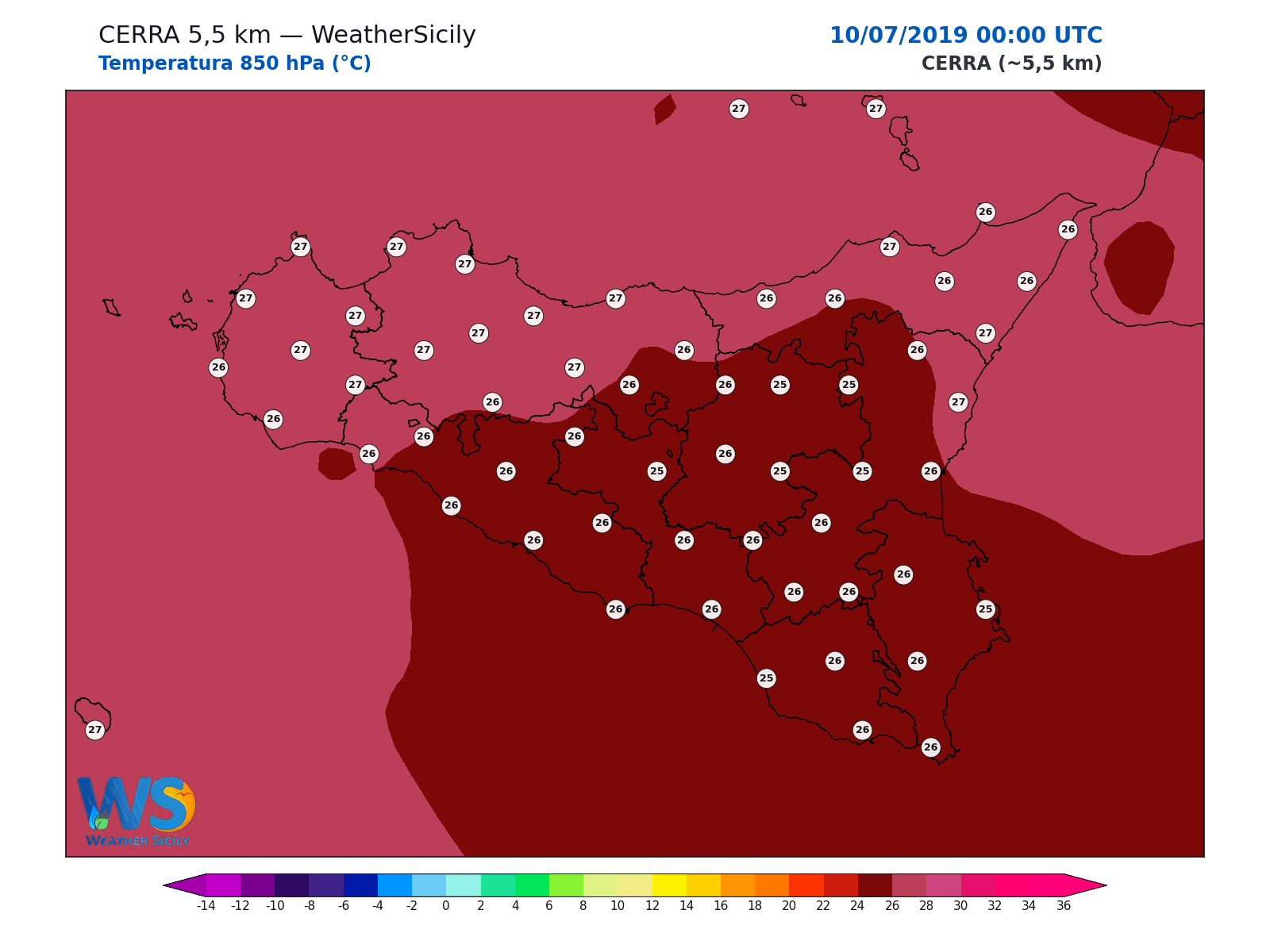 Temperatura a 850 hPa · 2019071000