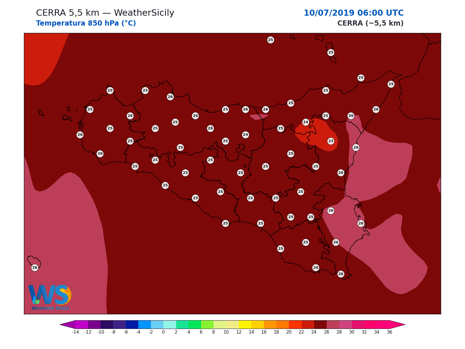 Temperatura a 850 hPa · 2019071006