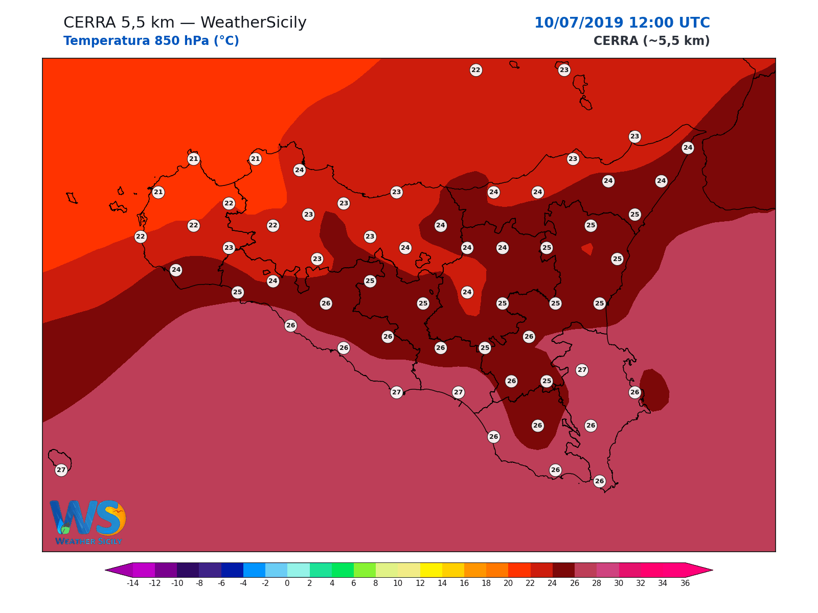 Temperatura a 850 hPa · 2019071012