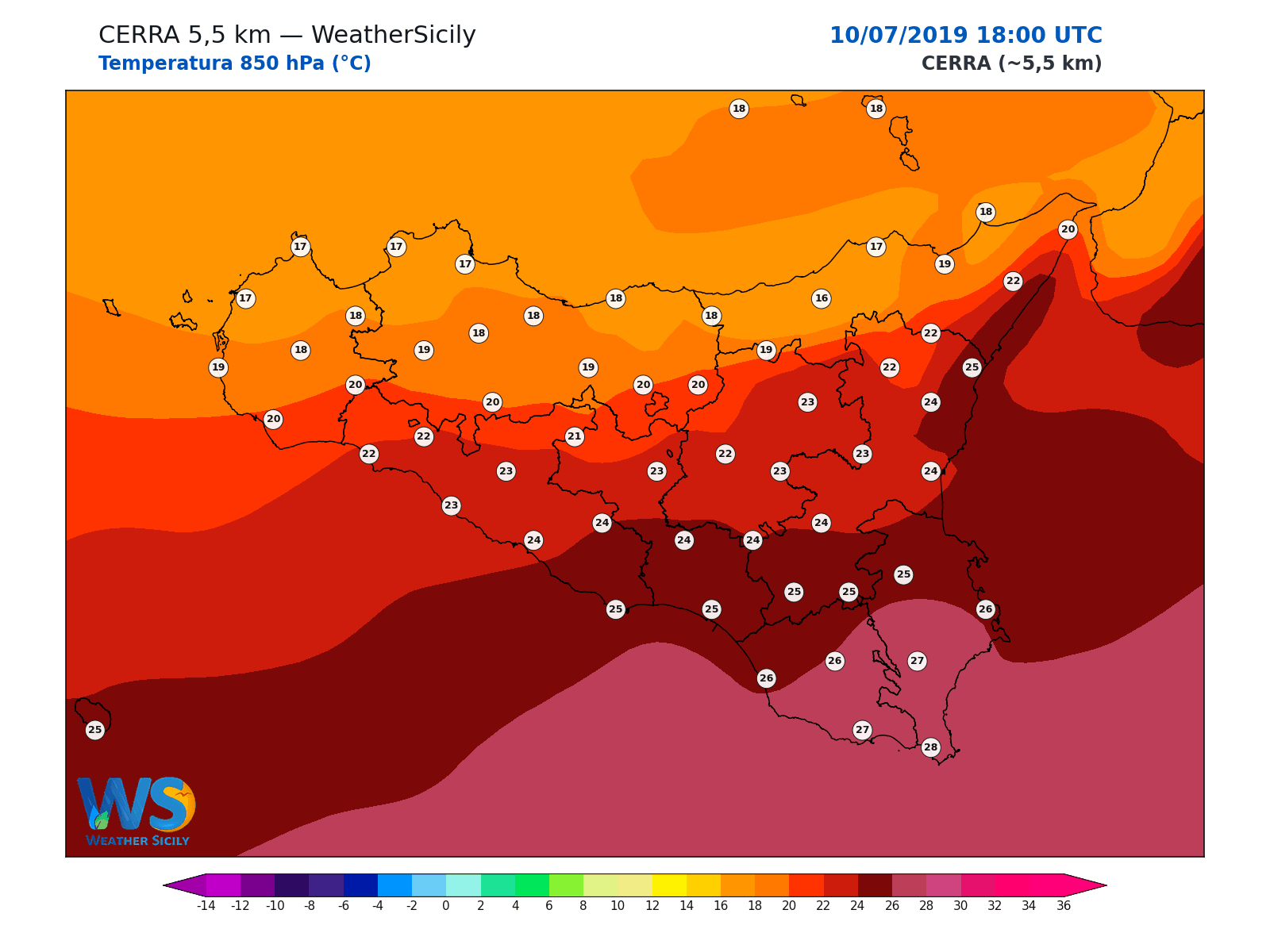Temperatura a 850 hPa · 2019071018