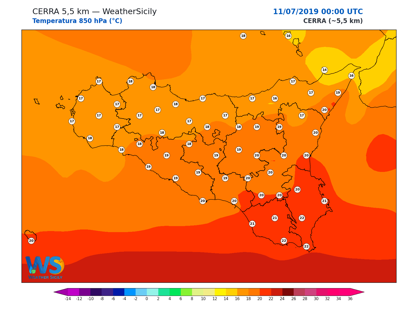 Temperatura a 850 hPa · 2019071100