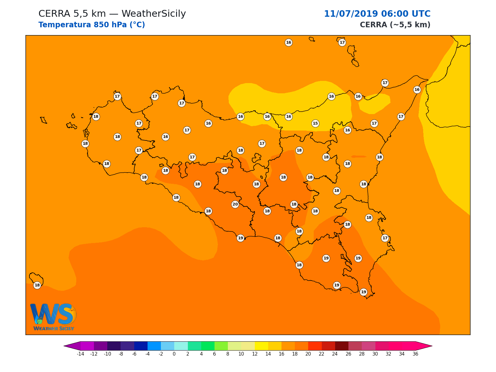 Temperatura a 850 hPa · 2019071106