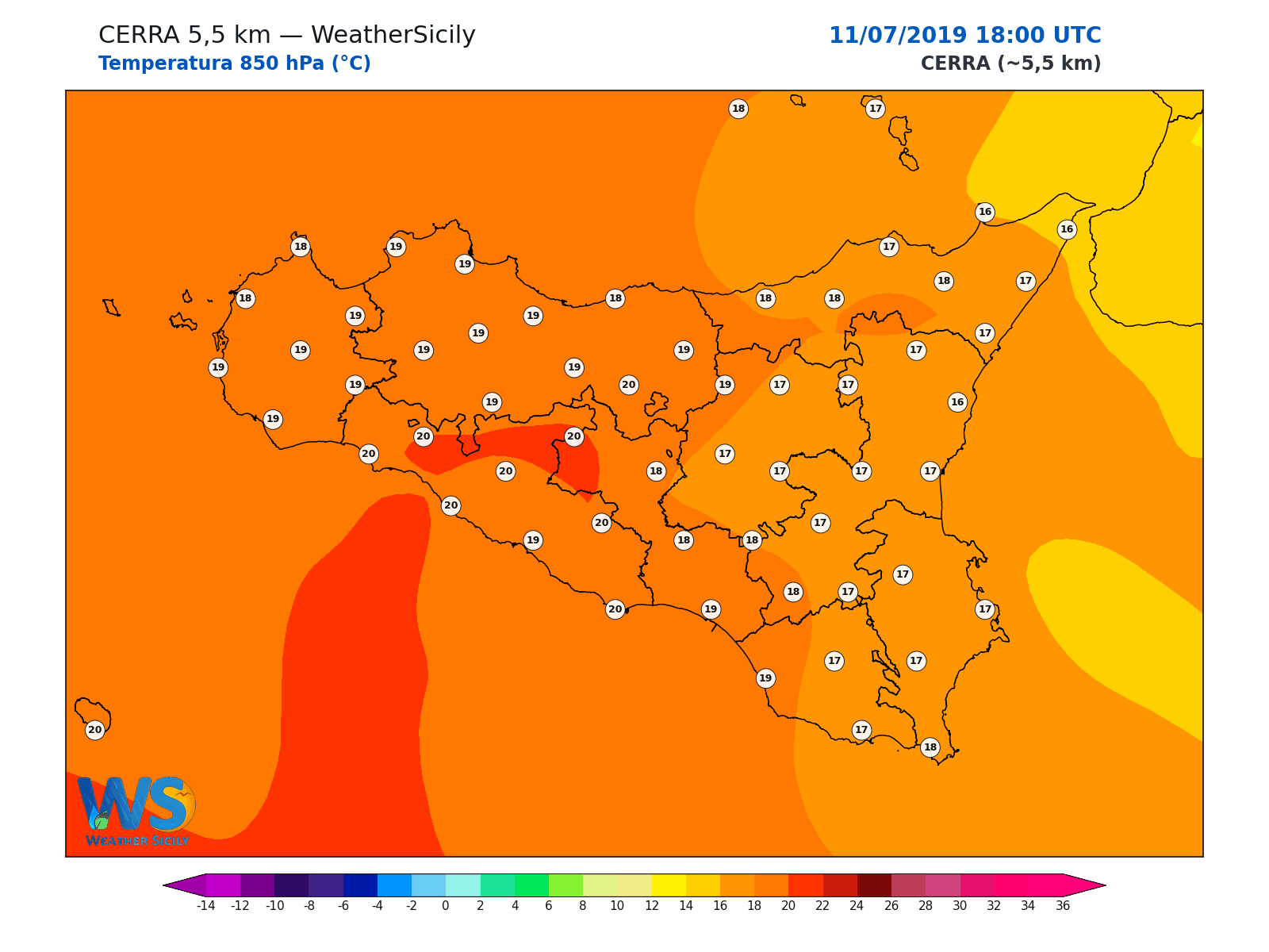 Temperatura a 850 hPa · 2019071118
