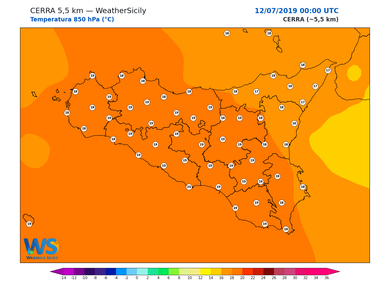Temperatura a 850 hPa · 2019071200