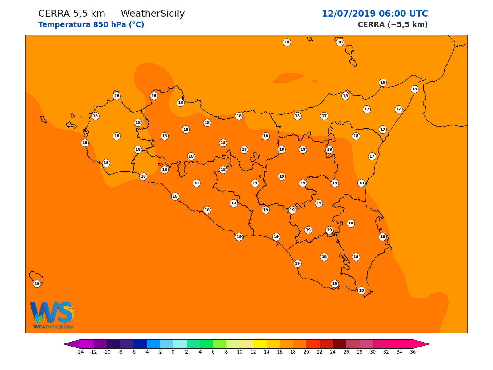 Temperatura a 850 hPa · 2019071206