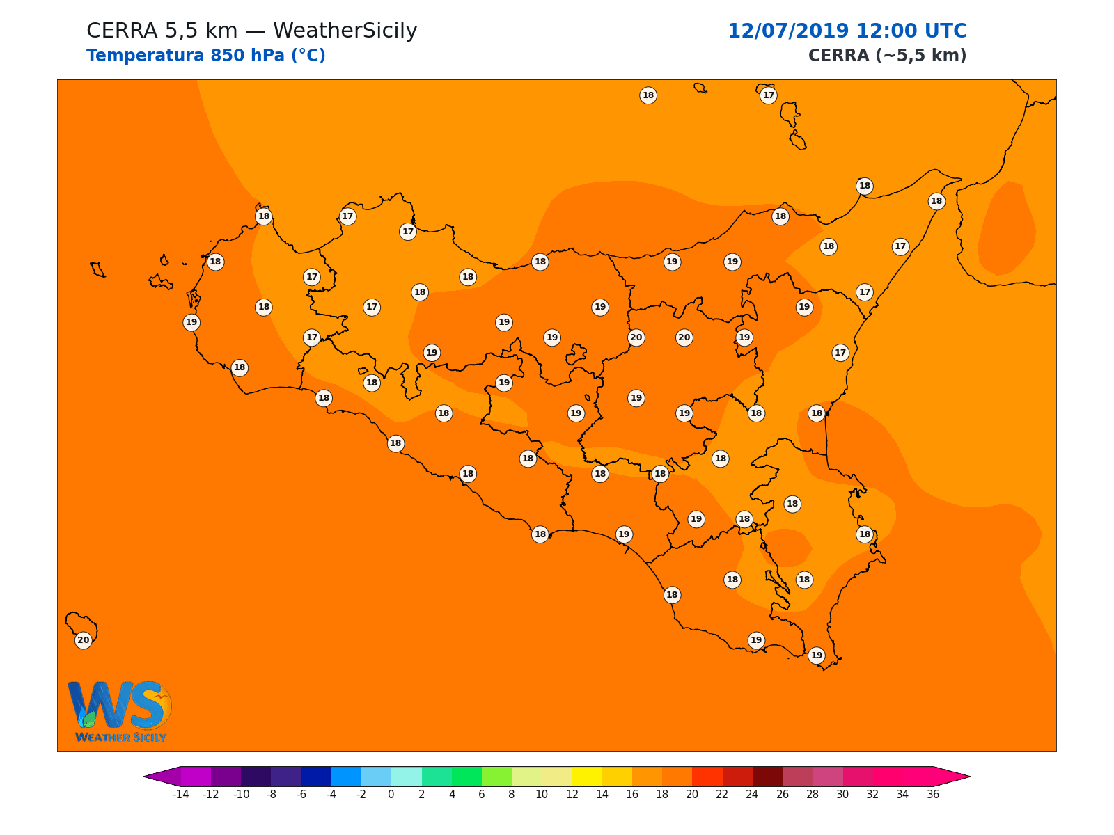 Temperatura a 850 hPa · 2019071212
