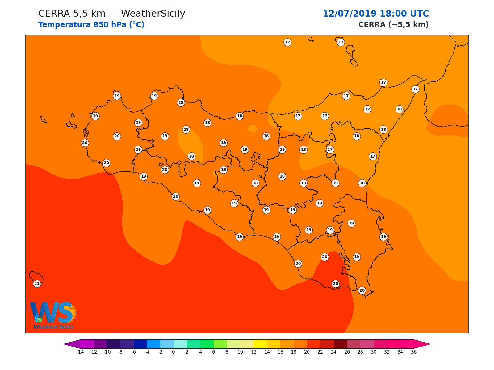 Temperatura a 850 hPa · 2019071218