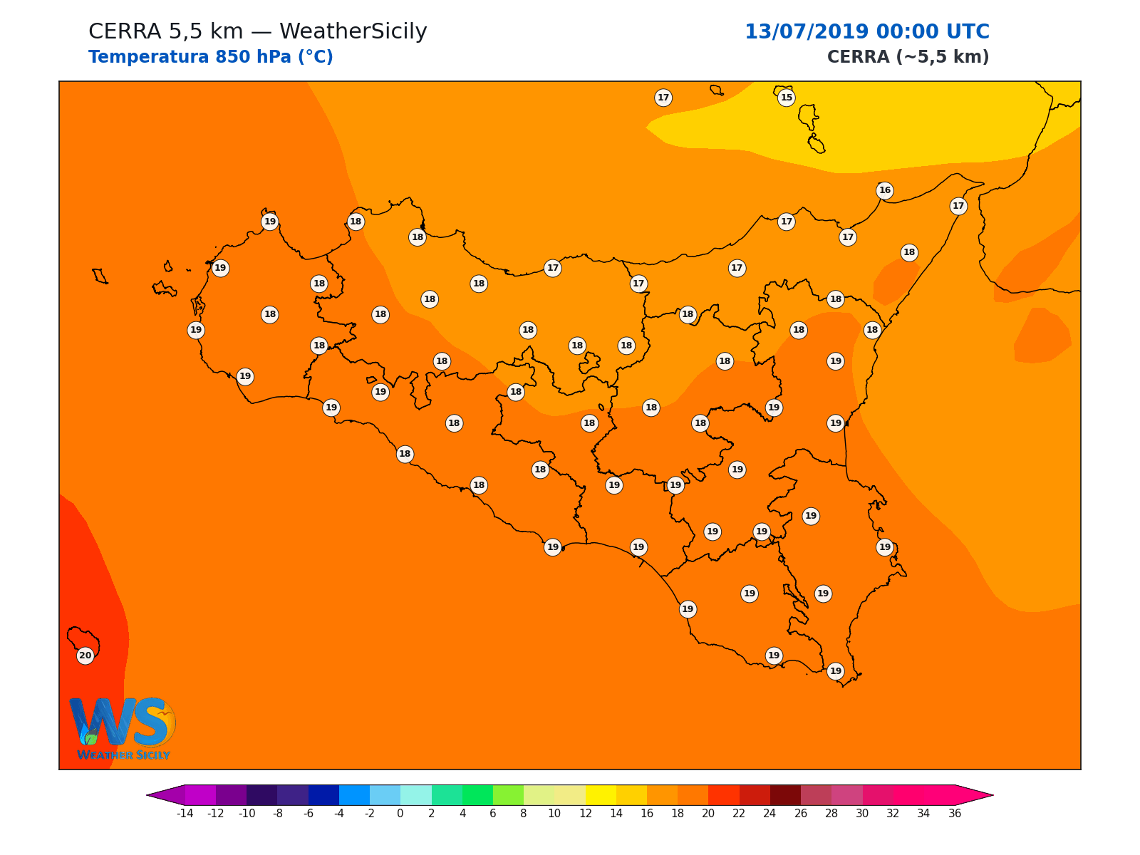 Temperatura a 850 hPa · 2019071300