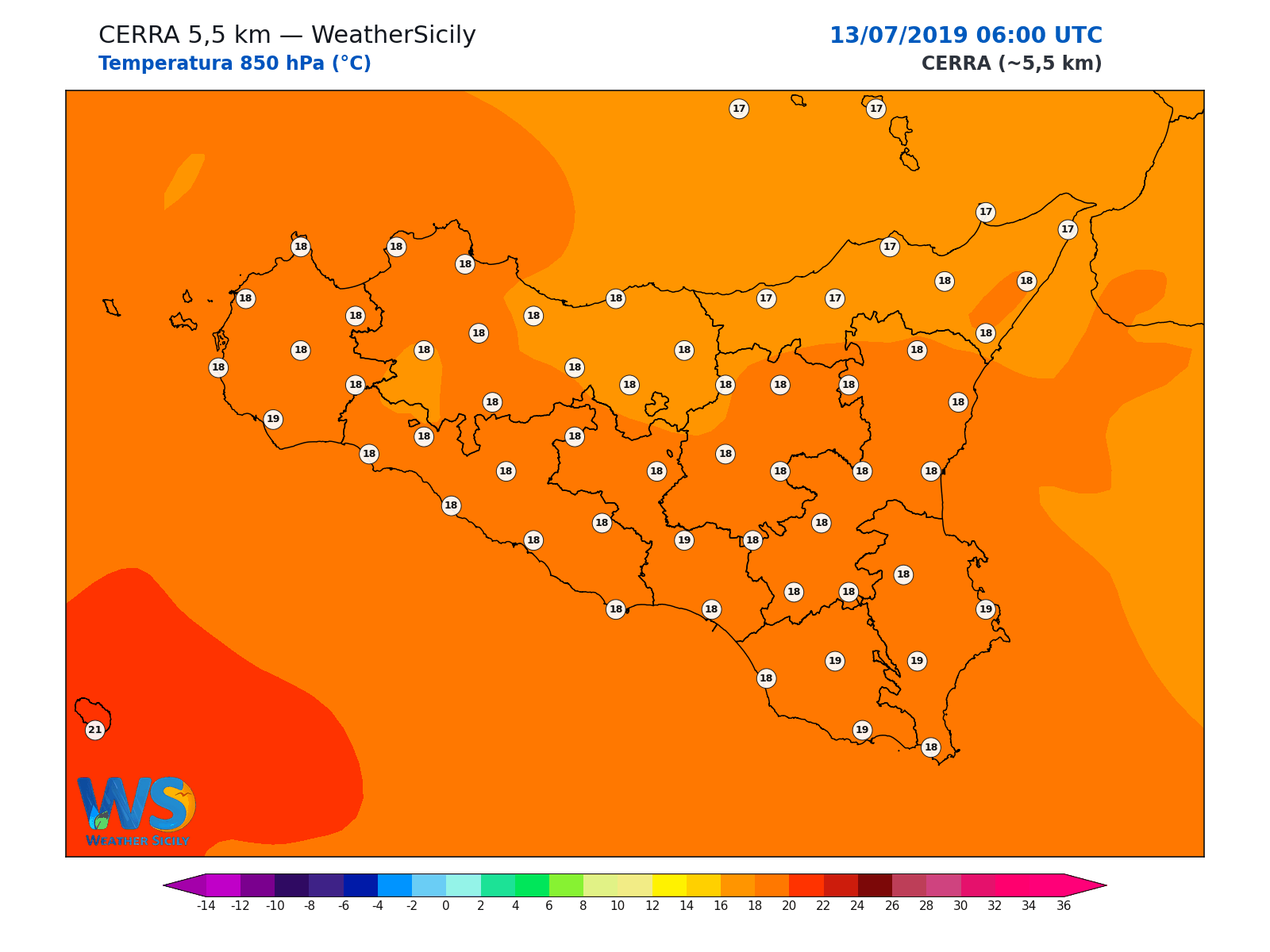 Temperatura a 850 hPa · 2019071306