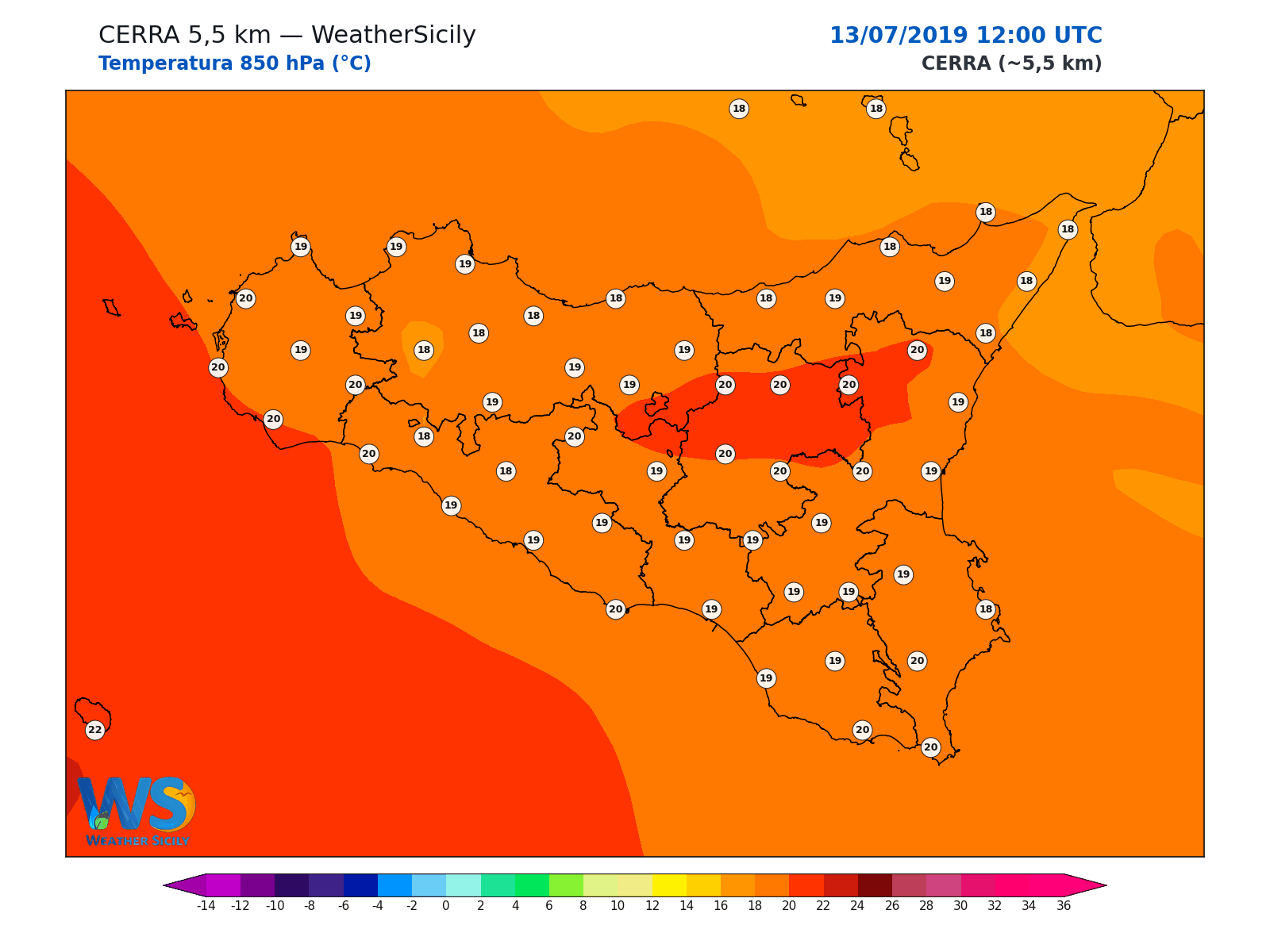 Temperatura a 850 hPa · 2019071312