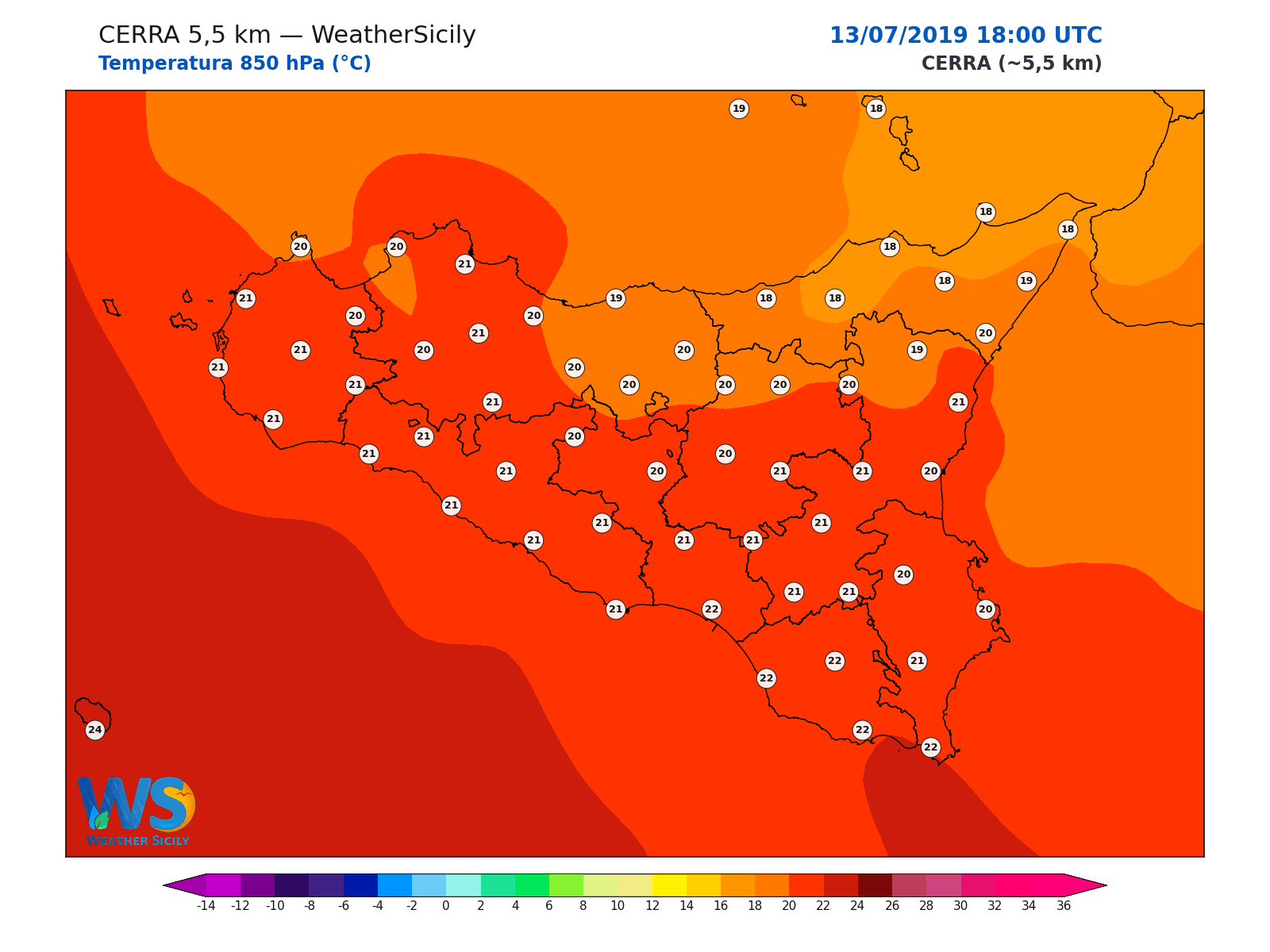 Temperatura a 850 hPa · 2019071318