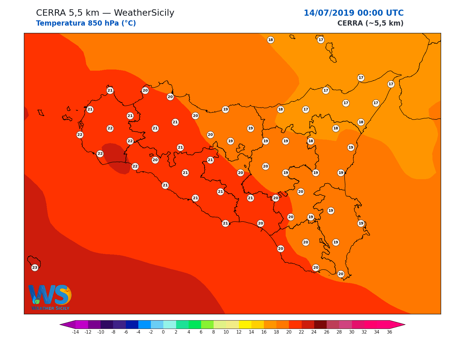 Temperatura a 850 hPa · 2019071400