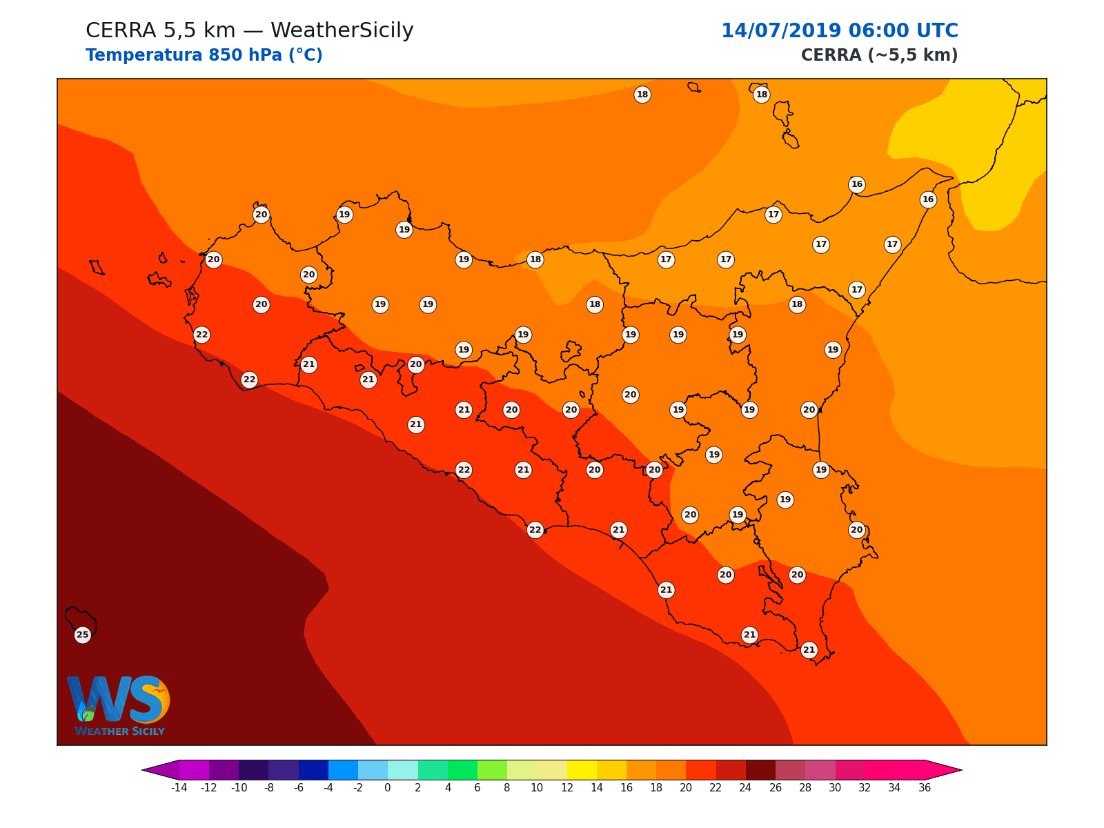 Temperatura a 850 hPa · 2019071406