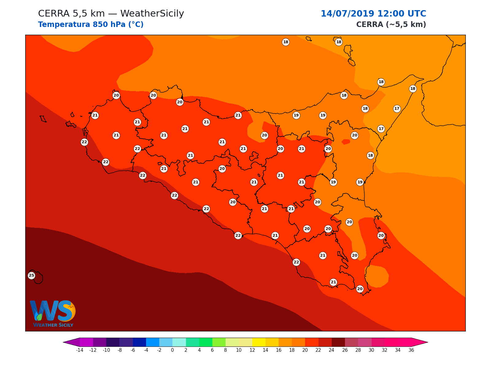 Temperatura a 850 hPa · 2019071412