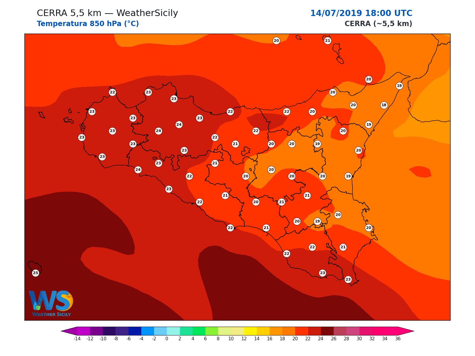 Temperatura a 850 hPa · 2019071418