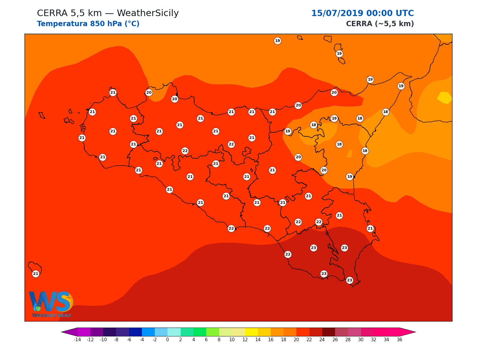 Temperatura a 850 hPa · 2019071500