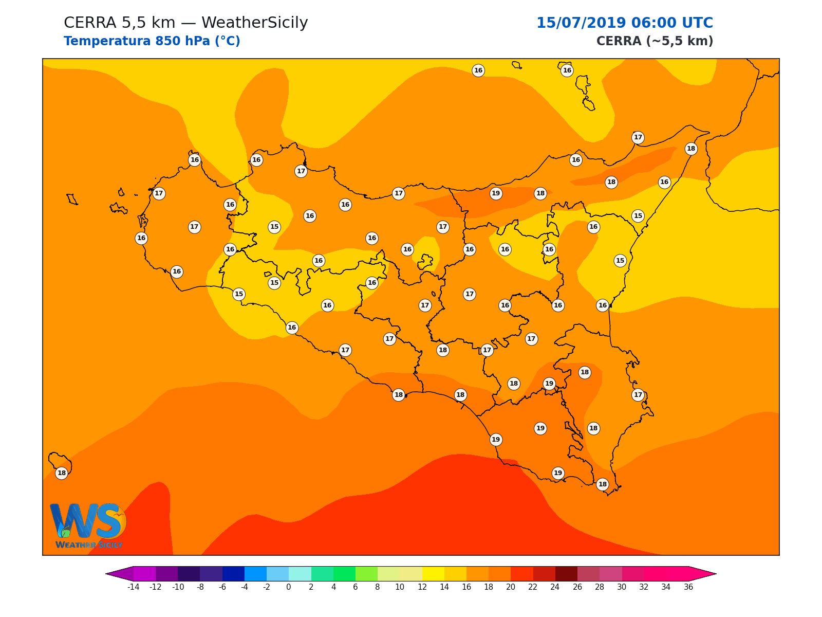 Temperatura a 850 hPa · 2019071506
