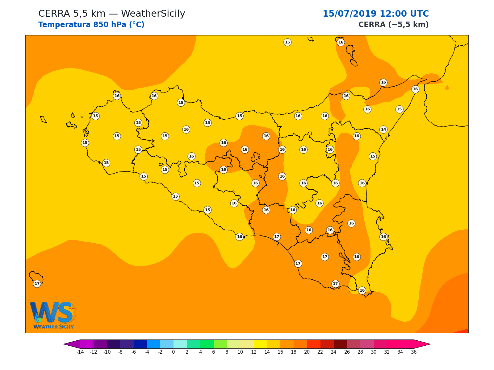 Temperatura a 850 hPa · 2019071512