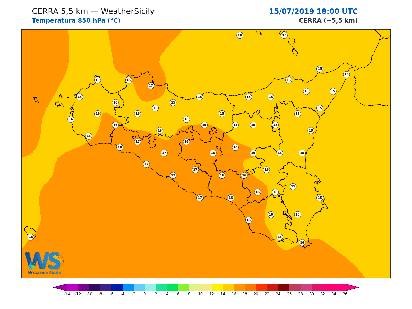 Temperatura a 850 hPa · 2019071518