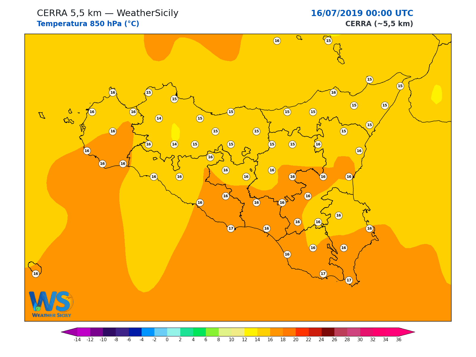 Temperatura a 850 hPa · 2019071600