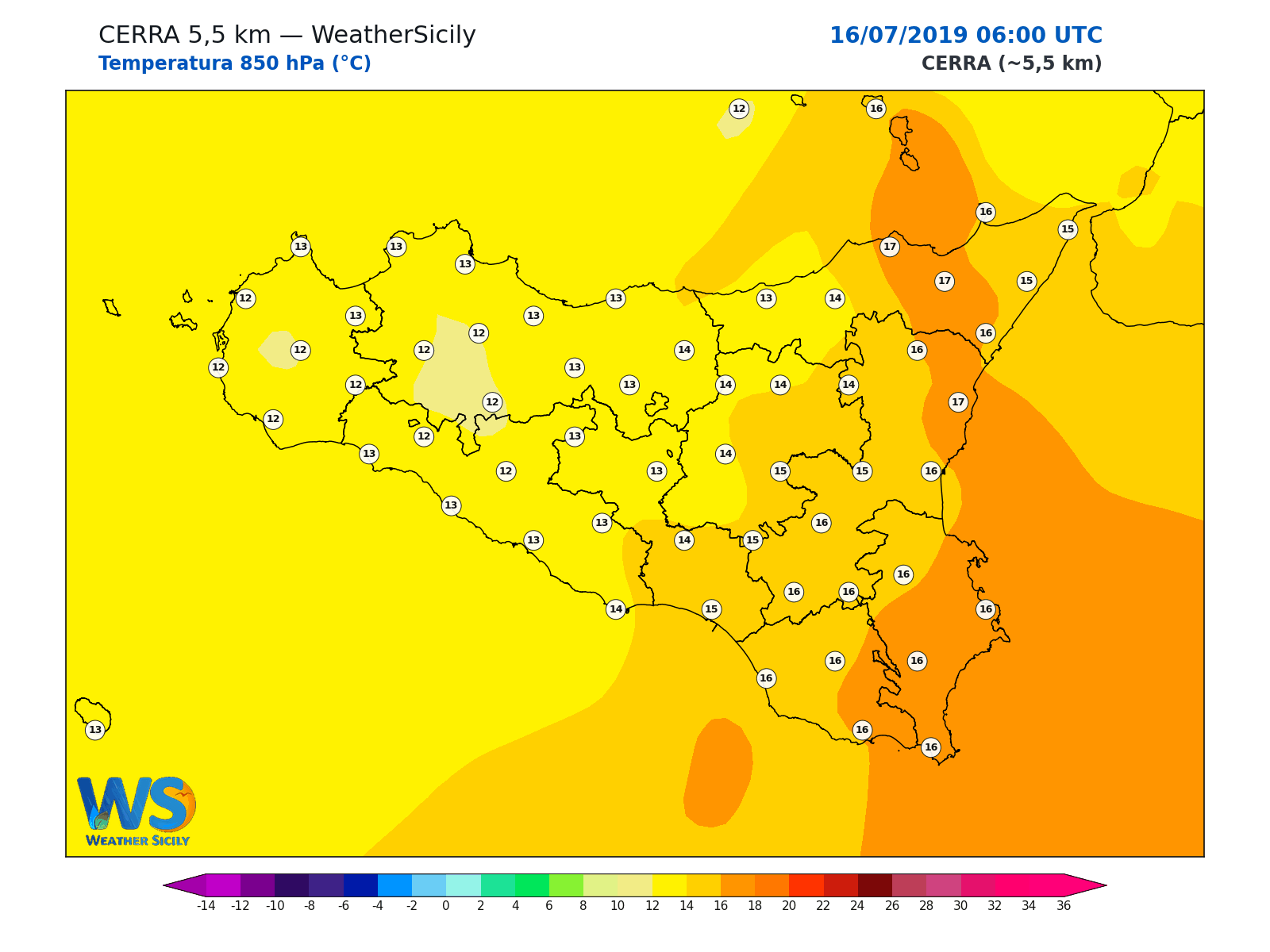 Temperatura a 850 hPa · 2019071606