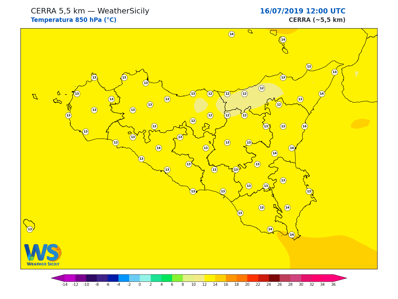 Temperatura a 850 hPa · 2019071612