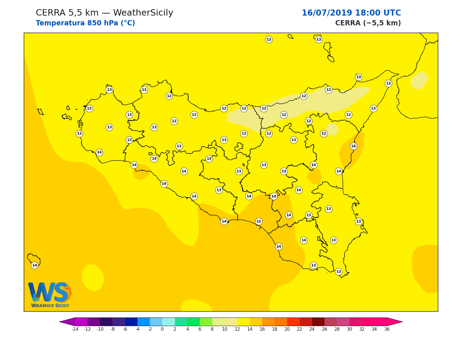 Temperatura a 850 hPa · 2019071618