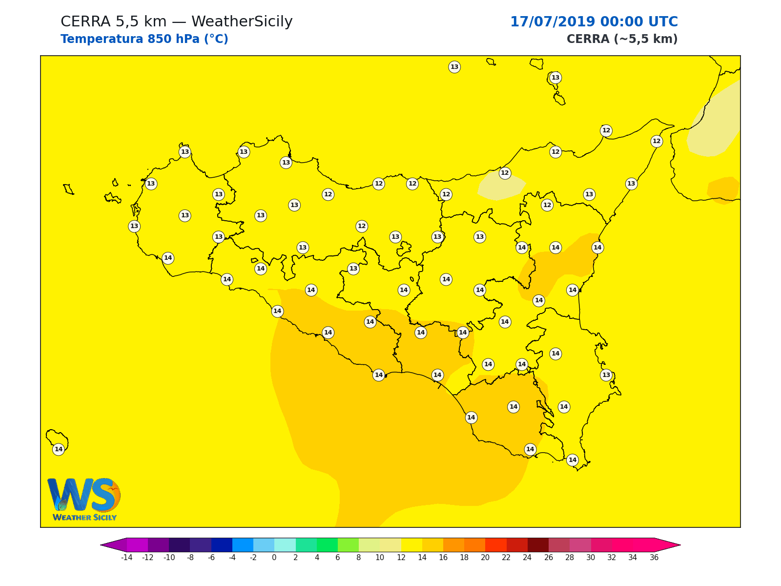 Temperatura a 850 hPa · 2019071700
