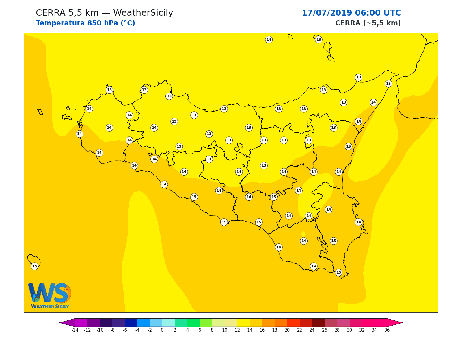 Temperatura a 850 hPa · 2019071706
