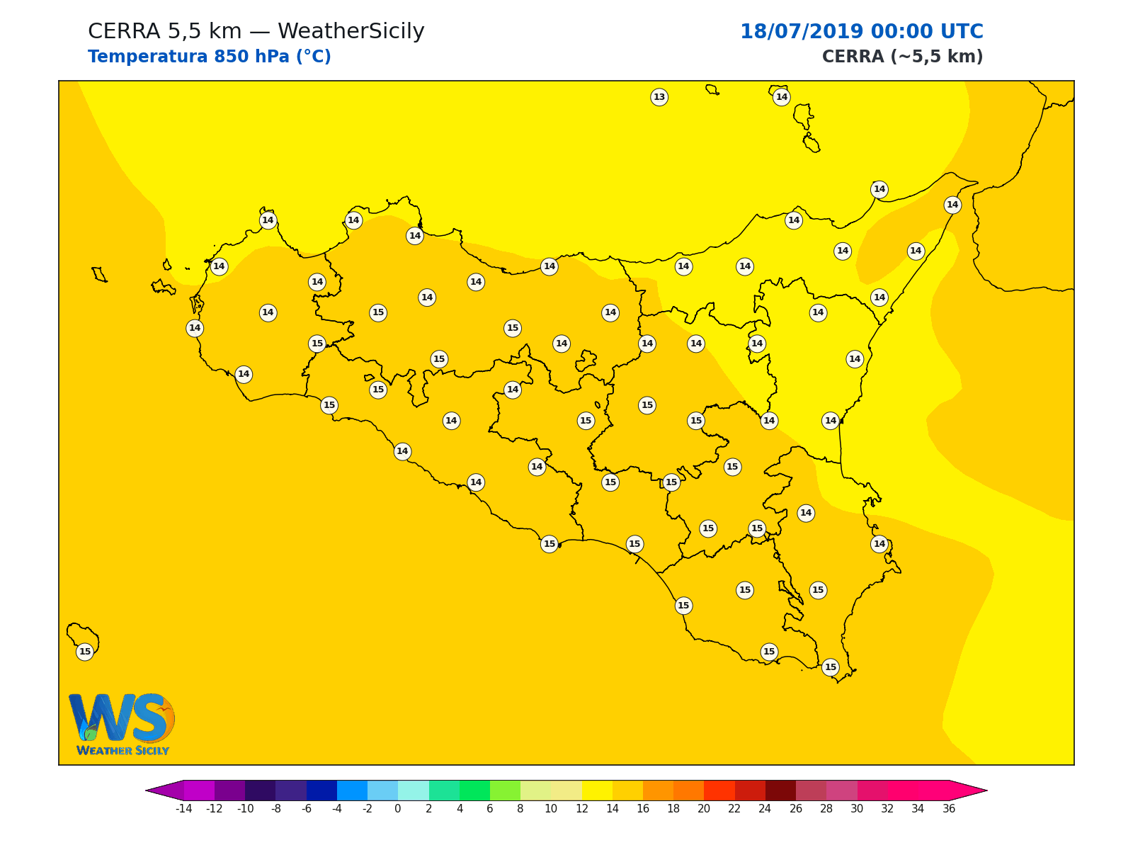 Temperatura a 850 hPa · 2019071800